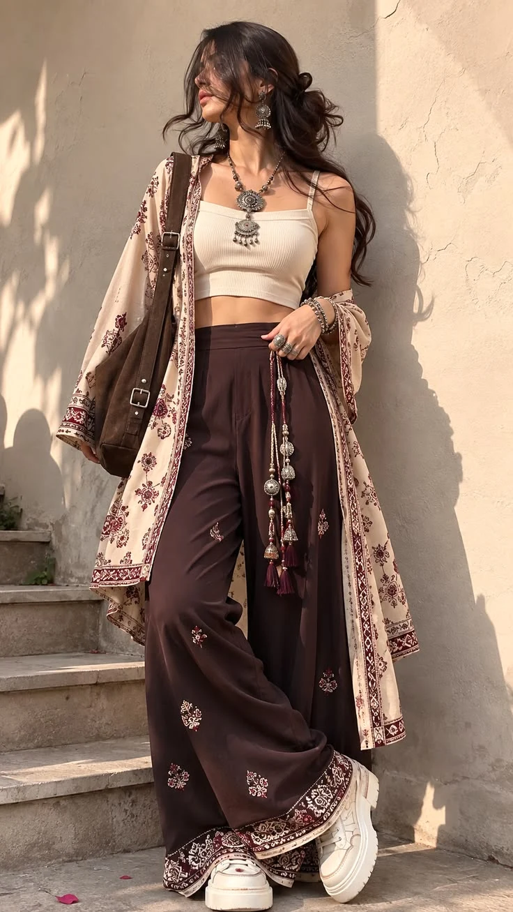 A model in a relaxed everyday feminine outfit with printed layers and wide-leg pants